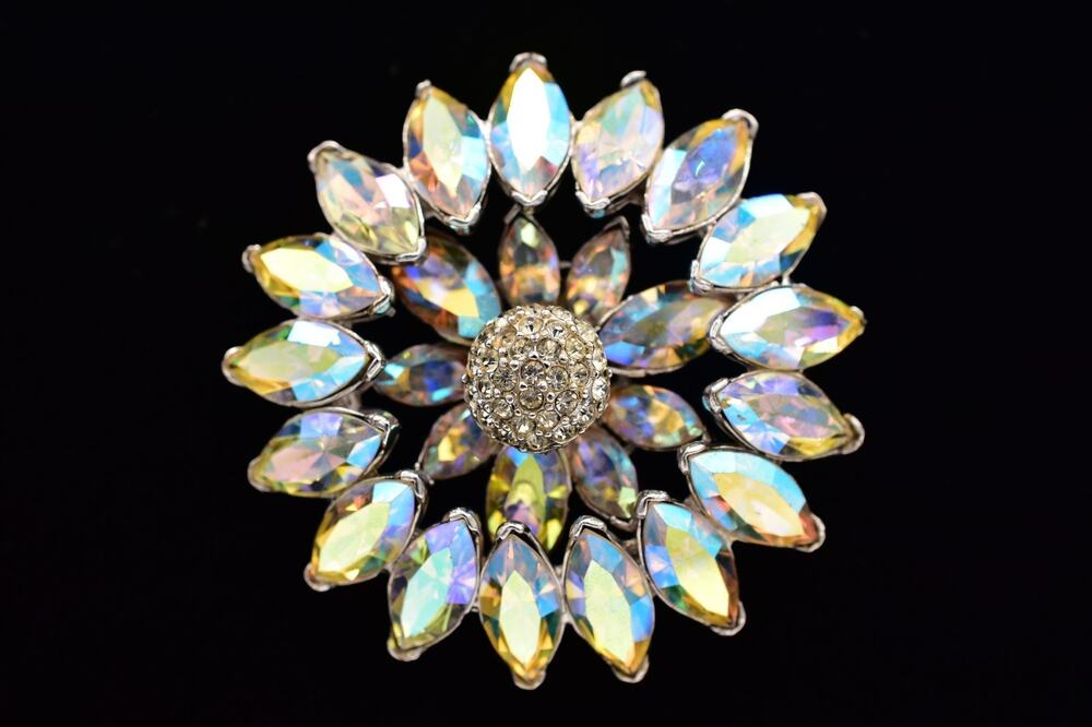Vintage Crystal Flower Pin Brooch Aurora Borealis Sparkling AB Heavy 1950s BinAP